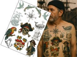 Pirate Sailor Fake Tattoos – 1 A4 Sheet – Vintage Nautical Tattoo Transfers – Realistic Pirate Ink for Film, Theatre, Cosplay – No Shine, Skin Safe