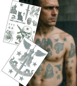 Realistic Russian Prison Tattoos – Set 2 – 2 A4 Sheets – Ultra-Real Fake Tattoos for Film, Theatre, Halloween Cosplay – No Shine, Copyright-Free for TV Use