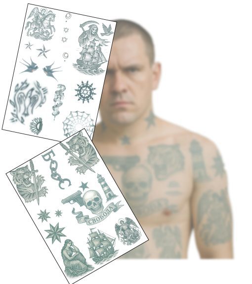 Realistic Russian Prison Temporary Tattoos – 2 A4 Sheets – Aged & Faded Look – Fake Tattoos for Film, TV, Theatre, Halloween Cosplay – Long-Lasting, Skin Safe