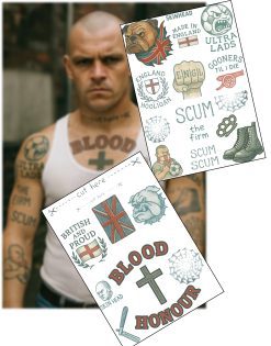 British Hooligan & Skinhead Fake Tattoos - Realistic No-Shine Transfers for Film, TV, Halloween, – 2 A4 Sheets – Cosplay – Includes Chest & Knuckle Tattoos