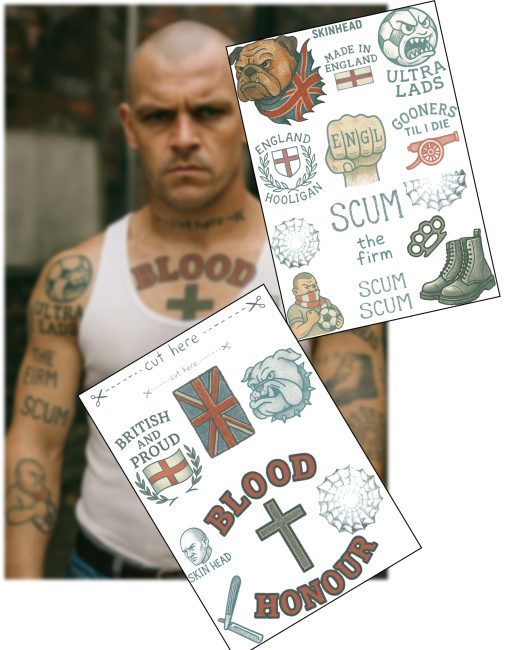 British Hooligan & Skinhead Fake Tattoos - Realistic No-Shine Transfers for Film, TV, Halloween, – 2 A4 Sheets – Cosplay – Includes Chest & Knuckle Tattoos