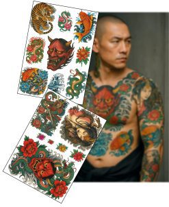Realistic Yakuza & Samurai Fake Tattoos – 2 A4 Sheets – Traditional Japanese Tattoo Style – Ultra-Real No-Shine Transfer for Film, Cosplay, Halloween