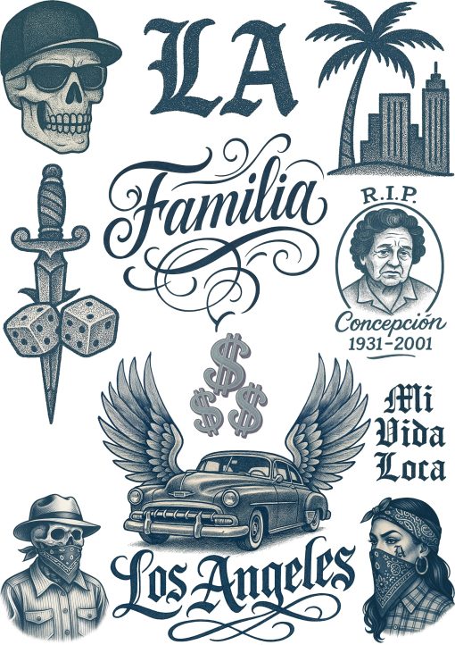 Cholo LA Gangster Fake Tattoos – 2 A4 Sheets – Old English Script, Clown Girls, Lowriders, & Religious Ink – Ultra-Real Temporary Tattoos for Film, Cosplay & Halloween – No Shine, Skin Safe - Image 2