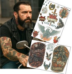 Hyper Realistic Biker Temporary Tattoos – 2 A4 Sheets – Tattoo Sleeves, Neck, Knuckles, Teardrop & More – Fake Tattoos for Film, TV, Cosplay, Halloween – No Shine, Skin Safe