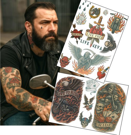 Hyper Realistic Biker Temporary Tattoos – 2 A4 Sheets – Tattoo Sleeves, Neck, Knuckles, Teardrop & More – Fake Tattoos for Film, TV, Cosplay, Halloween – No Shine, Skin Safe
