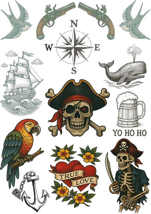 Pirate Sailor Fake Tattoos – 1 A4 Sheet – Vintage Nautical Tattoo Transfers – Realistic Pirate Ink for Film, Theatre, Cosplay – No Shine, Skin Safe - Image 2