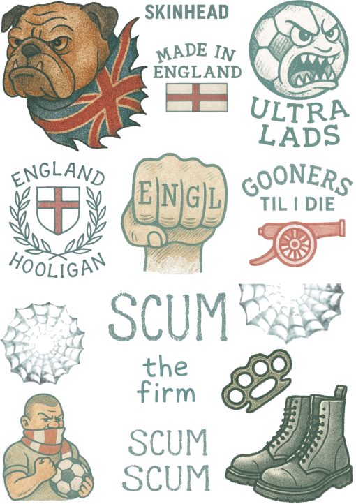 British Hooligan & Skinhead Fake Tattoos - Realistic No-Shine Transfers for Film, TV, Halloween, – 2 A4 Sheets – Cosplay – Includes Chest & Knuckle Tattoos - Image 2