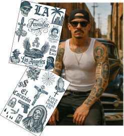 Cholo LA Gangster Fake Tattoos – 2 A4 Sheets – Old English Script, Clown Girls, Lowriders, & Religious Ink – Ultra-Real Temporary Tattoos for Film, Cosplay & Halloween – No Shine, Skin Safe