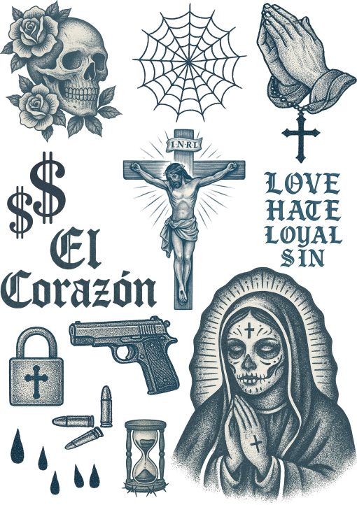 Cholo LA Gangster Fake Tattoos – 2 A4 Sheets – Old English Script, Clown Girls, Lowriders, & Religious Ink – Ultra-Real Temporary Tattoos for Film, Cosplay & Halloween – No Shine, Skin Safe - Image 3